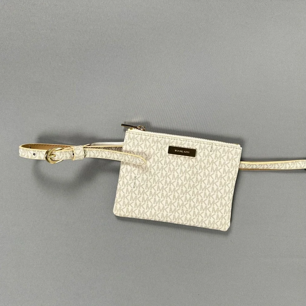 Michael Kors MK Signature Logo Belt Bag White Tan Gold Hardware Size M 554562